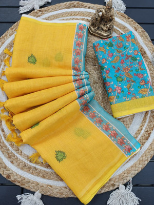 THEFASHIONLOOK Digital Print, Floral Print Daily Wear Cotton Linen Saree(Yellow)