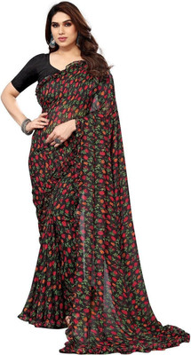 ROOP SUNDARI SAREES Floral Print, Self Design, Printed Daily Wear Georgette Saree(Black)
