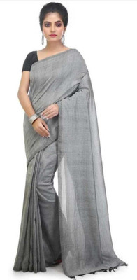 Shrutisareeghar Solid/Plain Handloom Cotton Blend Saree(Grey)