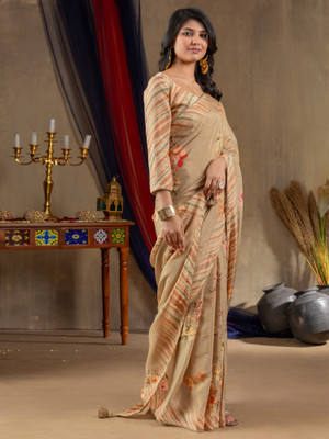 ANOUK Floral Print Hand Batik Viscose Rayon Saree(Beige)