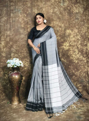 SBfashions Embroidered Handloom Cotton Blend Saree(Black, Grey)