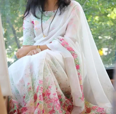 Marabout Digital Print Bollywood Cotton Linen Saree(White, Green)