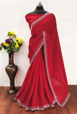 Clothing Hub Embroidered Bollywood Georgette Saree(Red)