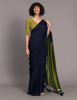 sareegarden Color Block Handloom Pure Cotton Saree(Blue)
