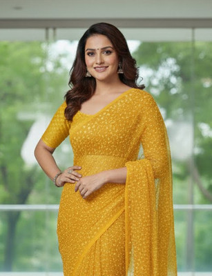 Anugrah Textile Solid/Plain Banarasi Lycra Blend, Chiffon Saree(Yellow)
