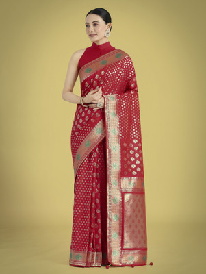 Monjolika Fashion Woven Banarasi Silk Blend Saree(Red)
