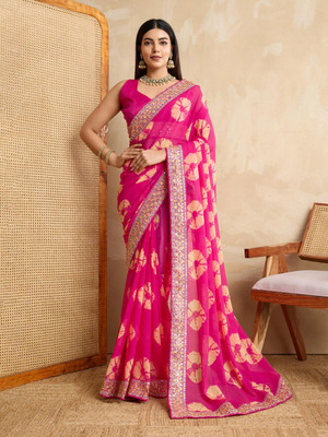 Fancy Tie-Dye, Embellished, Woven Bandhani Georgette Saree(Pink)