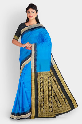 LYANNA Temple Border, Solid/Plain Sambalpuri Handloom Cotton Linen Saree(Blue)