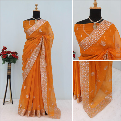 CHAMUNDA CREATION Embroidered Bollywood Organza Saree(Orange)