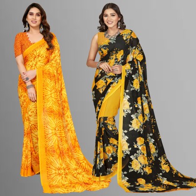 Anand Sarees Floral Print, Polka Print, Ombre, Printed Bollywood Georgette Saree(Pack of 2, Yellow, Black)