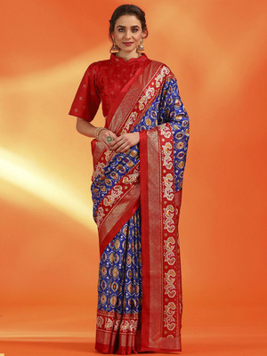 Anouk Rustic Printed Pochampally Silk Blend Saree(Blue)