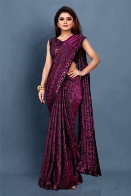 HouseOfCommon Embellished Bollywood Lycra Blend Saree(Purple)