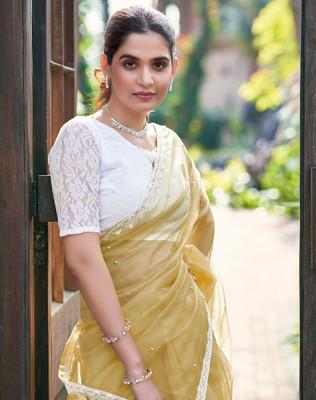 SIRIL Embellished Bollywood Net Saree(Yellow)