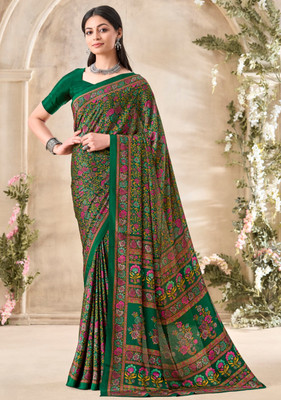 SainiVastra Floral Print Bollywood Crepe Saree(Green)