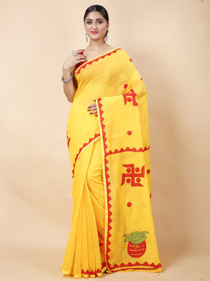 SRILOK Applique Handloom Pure Cotton Saree(Yellow)
