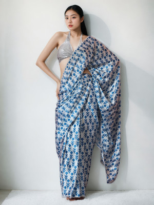 Divastri Printed Bollywood Silk Blend Saree(White, Blue)