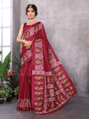 Divastri Printed Bhagalpuri Art Silk, Lace Saree(Maroon)