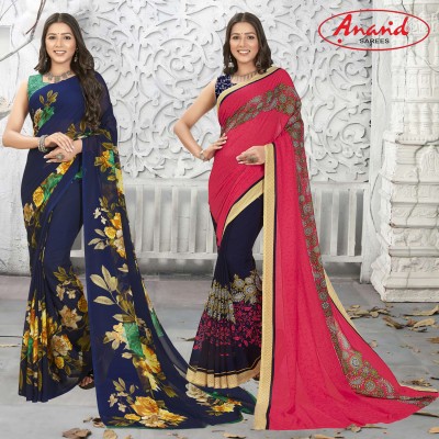 Anand Sarees Floral Print, Polka Print Daily Wear Georgette Saree(Pack of 2, Dark Blue, Multicolor)