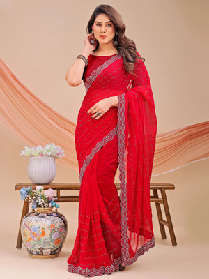 VIBHAGYAA Embellished Bollywood Chiffon Saree(Red)