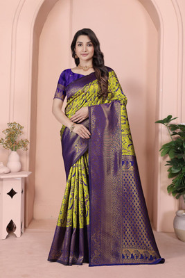 SAKSHIAURA Woven, Floral Print, Animal Print, Temple Border Banarasi Art Silk Saree(Green, Blue, Purple)