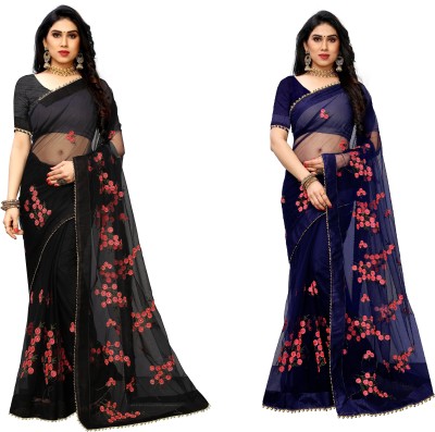 ZARUKHA Embroidered Bollywood Net Saree(Pack of 2, Dark Blue, Black)