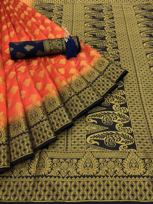 GajGajra Woven Arani Pattu Cotton Silk Saree(Orange, Dark Blue)
