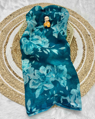 RegalDrapes Floral Print Daily Wear Georgette Saree(Light Blue)