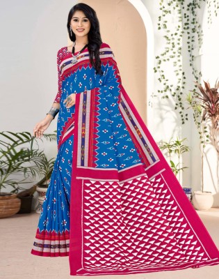 Divastri Geometric Print, Printed Ikkat Pure Cotton Saree(Blue, Pink)