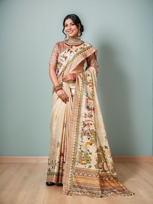 ANOUK Digital Print Bollywood Polyester Saree(Cream)