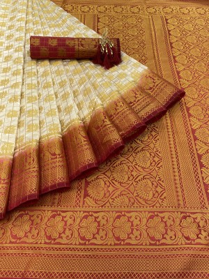 KanjiQueen Woven Banarasi Silk Blend Saree(Maroon, Beige)