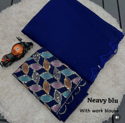 HouseOfCommon Solid/Plain Bollywood Georgette Saree(Blue)