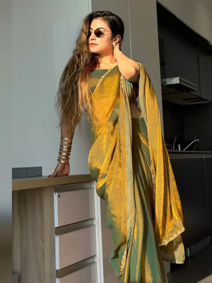 Julee Self Design Bollywood Chiffon Saree(Gold)