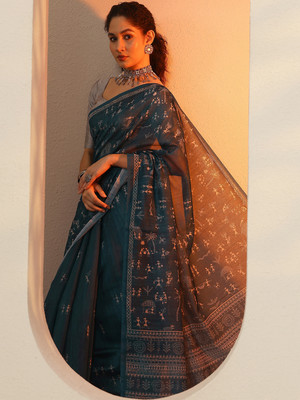 LIBAS Printed Daily Wear Silk Blend Saree(Light Blue, Grey)