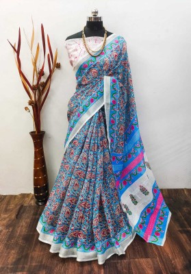 VAKHARIYAFAB Digital Print, Self Design Bollywood Cotton Linen, Linen Saree(Blue)