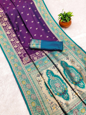 Keswi Fab Printed Banarasi Pure Silk Saree(Purple)