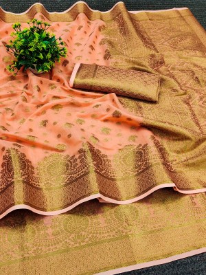 NIYAMI Printed, Self Design, Woven, Floral Print Kanjivaram Jacquard, Cotton Silk Saree(Orange)