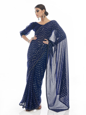 odette Embroidered Saree with Attached Blouse Georgette Saree(Blue)