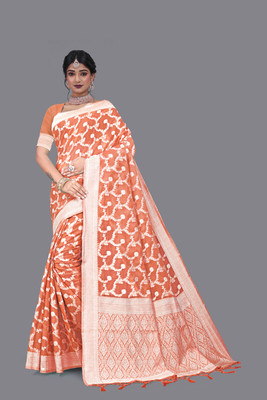 jungle herbs Printed Banarasi Jacquard Saree(Orange)
