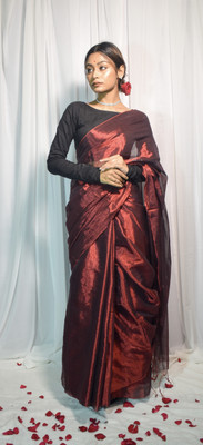 Shaw Creation Solid/Plain Handloom Handloom Tissue Saree(Red)