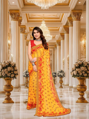 SmittenSmit Printed Bollywood Georgette Saree(Yellow, Red)