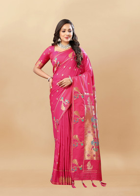 Bansari Textiles Self Design, Woven, Applique, Printed, Temple Border, Striped Paithani Jacquard, Cotton Blend Saree(Pink)