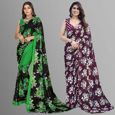 kashvi sarees Floral Print Daily Wear Georgette Saree(Pack of 2, Green, Black, Brown)