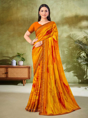 Divastri Floral Print, Geometric Print, Digital Print, Printed Bollywood Chiffon Saree(Mustard)