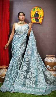 Sayak Creation Woven Tant Handloom Cotton Blend Saree(White)