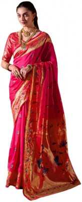 ABSECOM Printed Daily Wear Cotton Blend Saree(Pink)