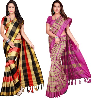 MENFLUNET Checkered Bollywood Cotton Silk Saree(Pack of 2, Multicolor)