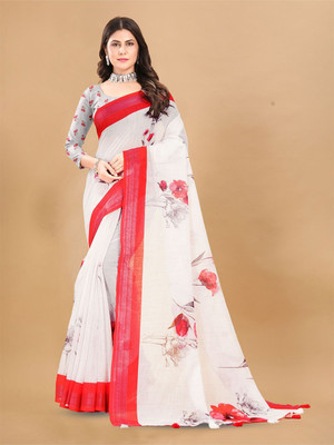 ANOUK Printed Saree with Attached Blouse Linen Saree(White)