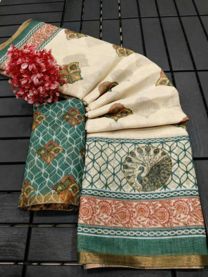 AARAANA Woven, Self Design, Geometric Print Kanjivaram Linen Saree(Cream)