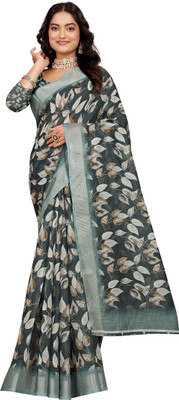 Mervadiya Printed Kanjivaram Pure Cotton, Cotton Linen Saree(Black)