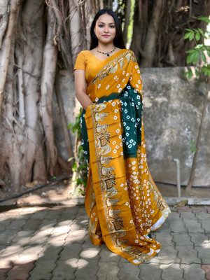S.R.TEXTILES Printed Bandhani Art Silk Saree(Green, Yellow)